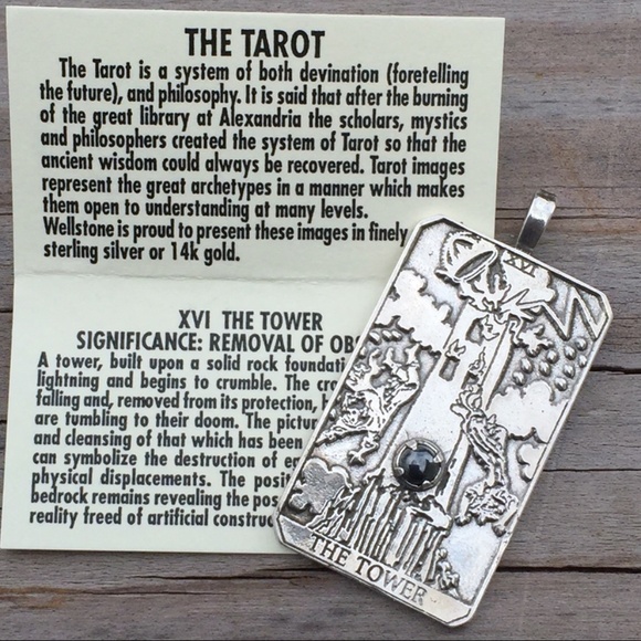 Tower Tarot Card Pendant .925 Sterling Silver w/ genuine Hematite gem USA - Picture 3 of 8